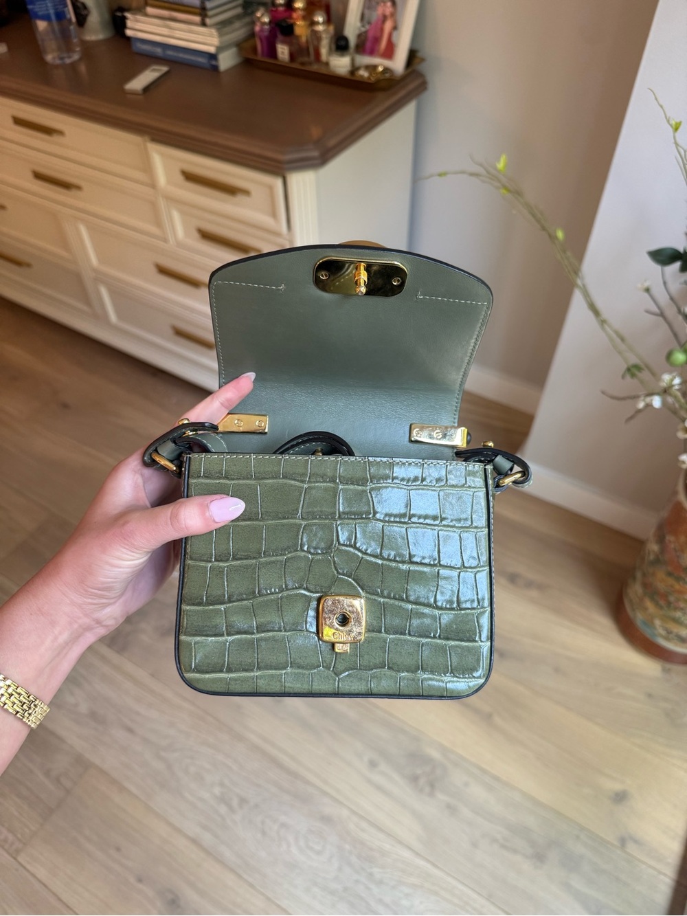 Chloe C Mini Croc-Embossed Green Bag - Picture 3 of 8